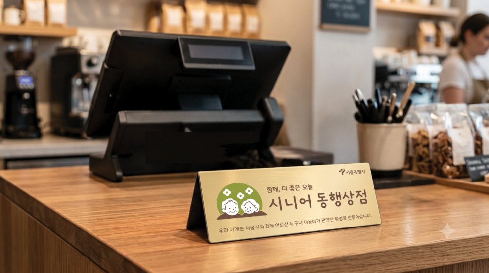 카페 계산대 위에 '시니어 동행상점' 안내판이 놓여 있다